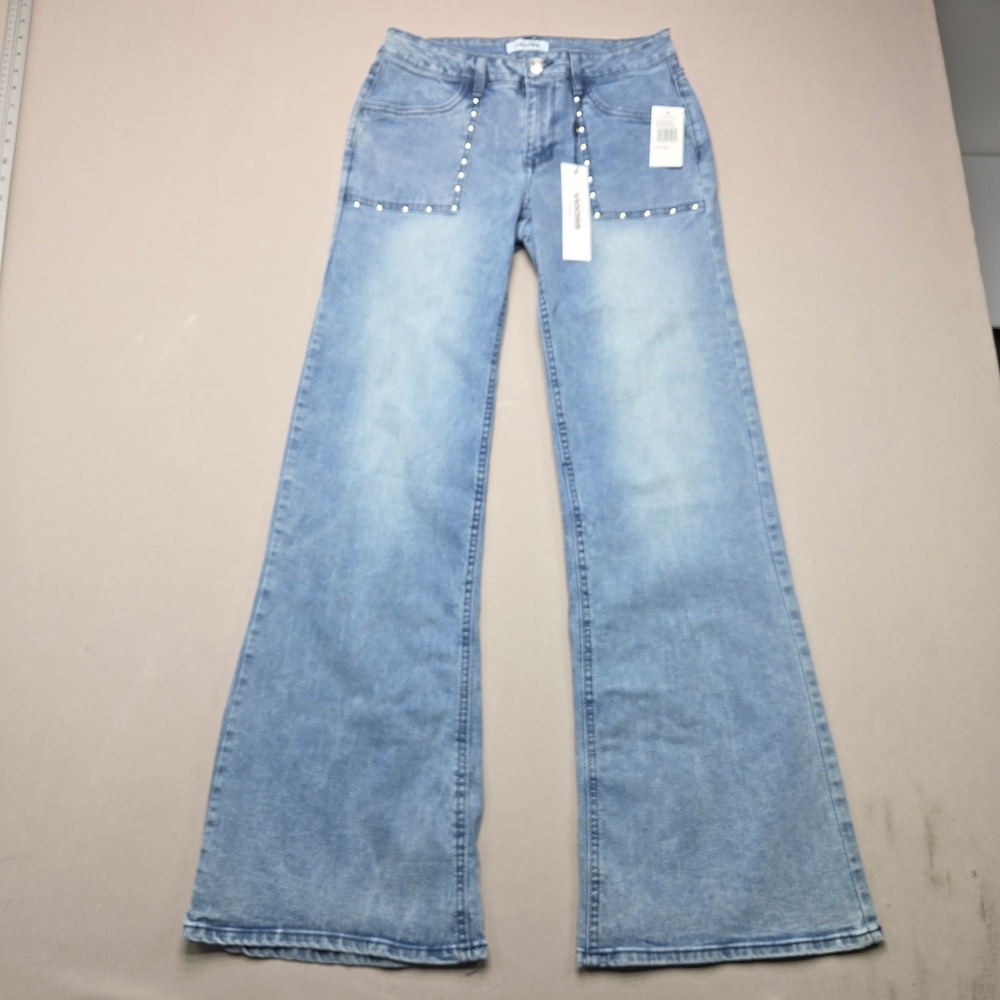 Vigoss Wide Leg Jeans Studded Pocket Flare Light Wash Womens Size 29 VC-P03485A